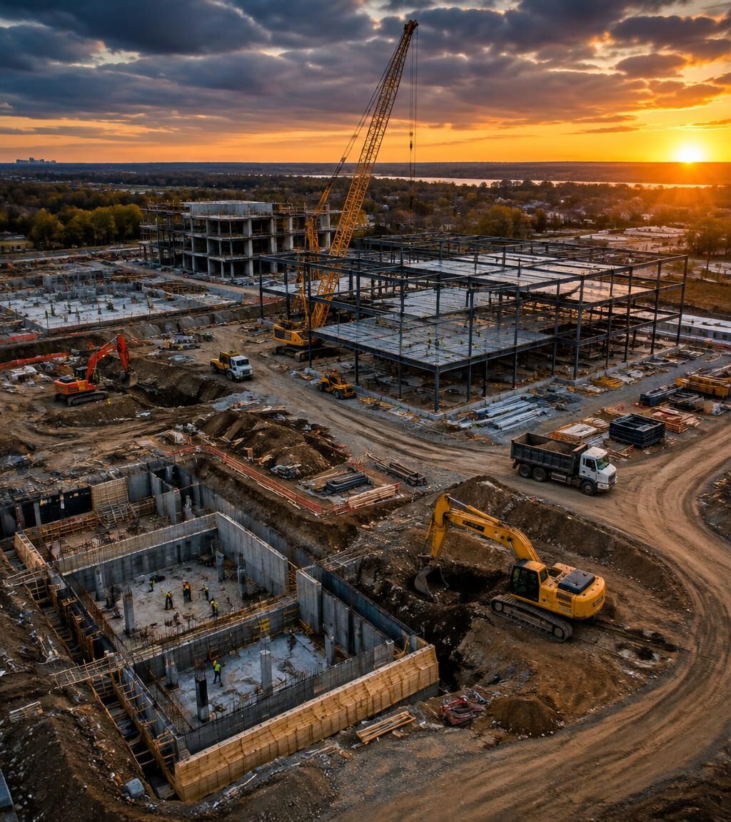 Aerial view of an active construction site with crane and excavators