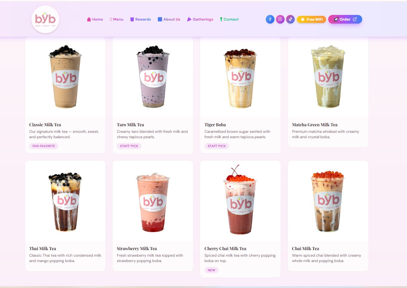 BYB Boba Yogurt Bar website menu page showing product photography of milk teas across menu cards