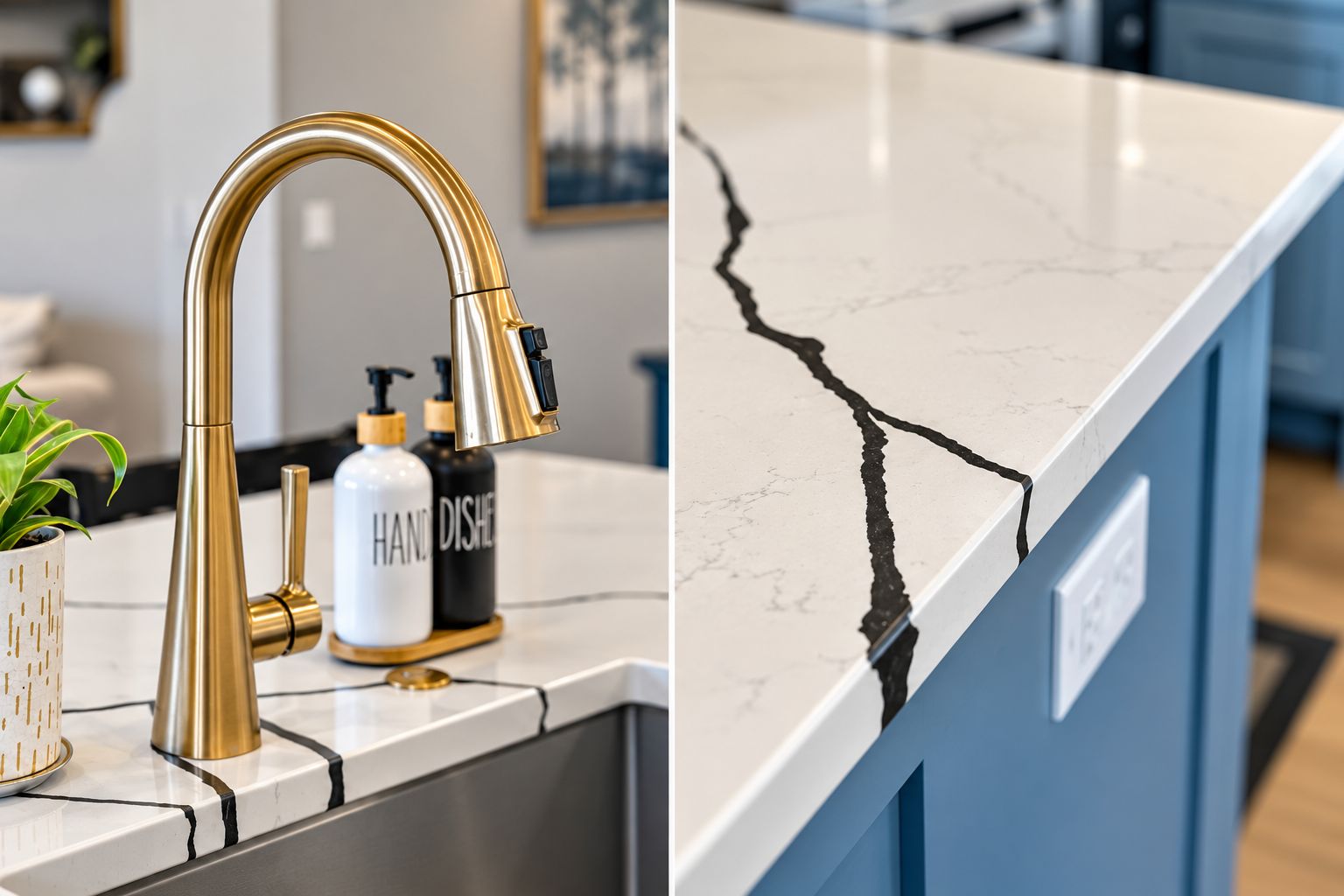 Kitchen details: brushed gold faucet and veined quartz countertop on a blue island
