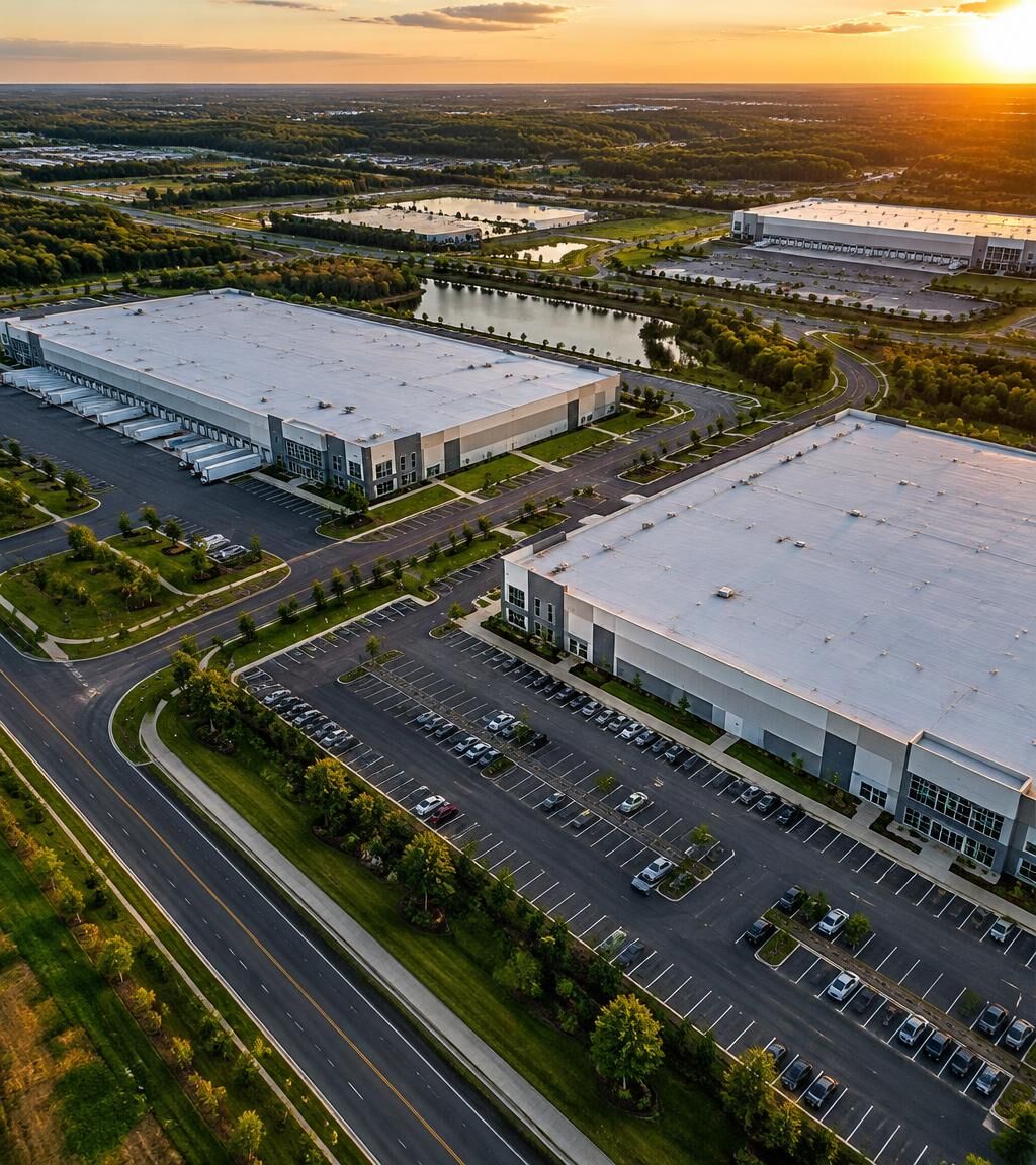 Aerial view of a business park with large warehouse buildings
