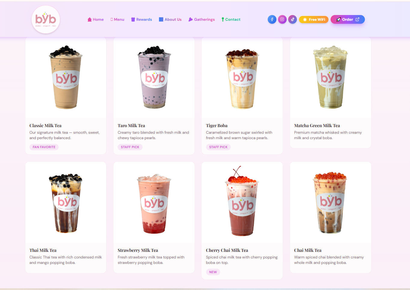 BYB Boba Yogurt Bar website menu page showing product photography of milk teas across menu cards