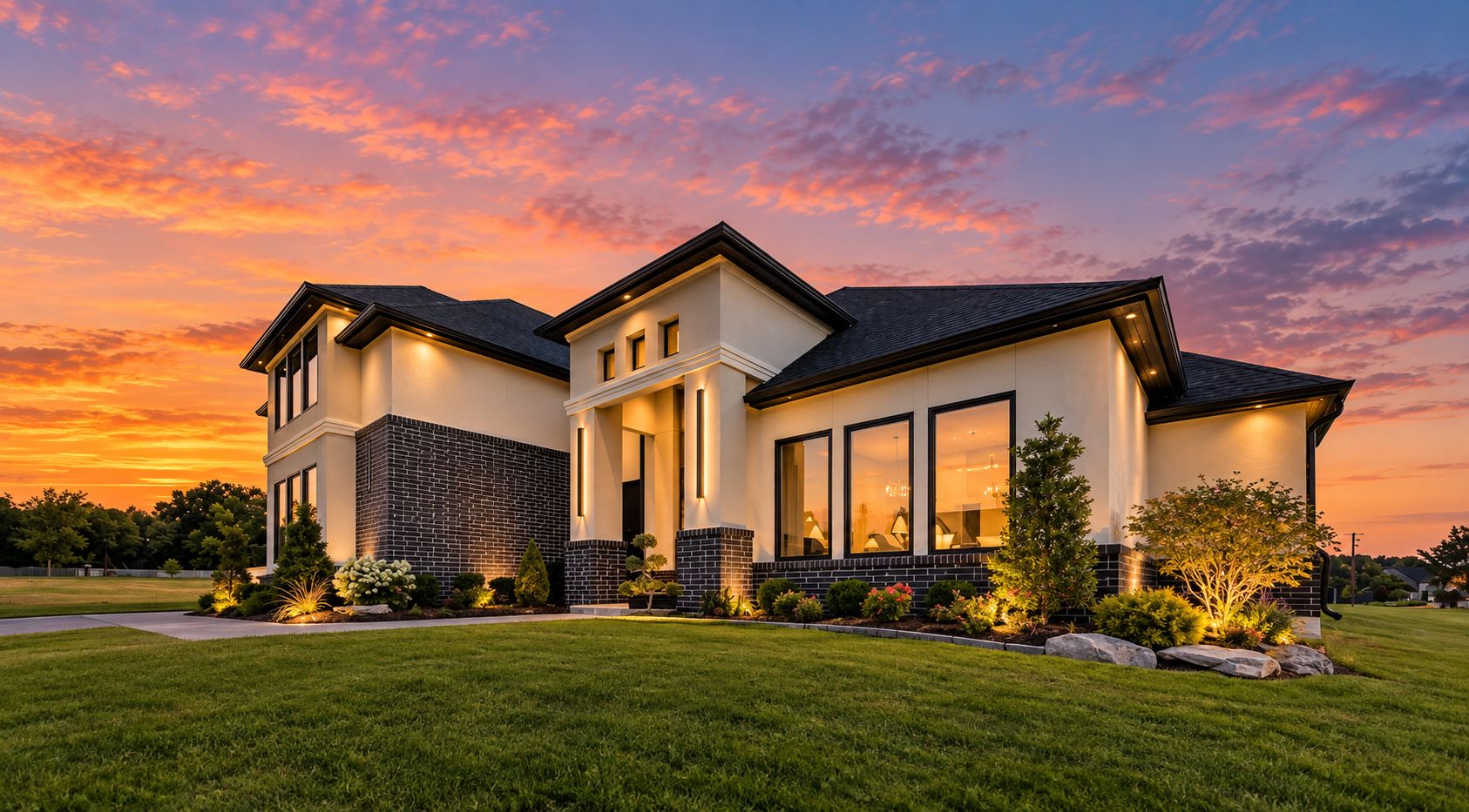 Modern luxury home exterior illuminated at sunset — Owasso, OK