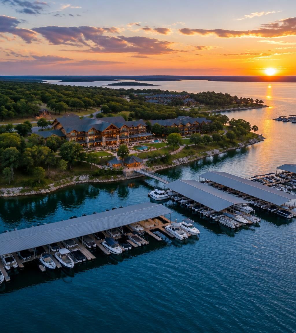 Aerial view of a lakeside resort and marina at sunset