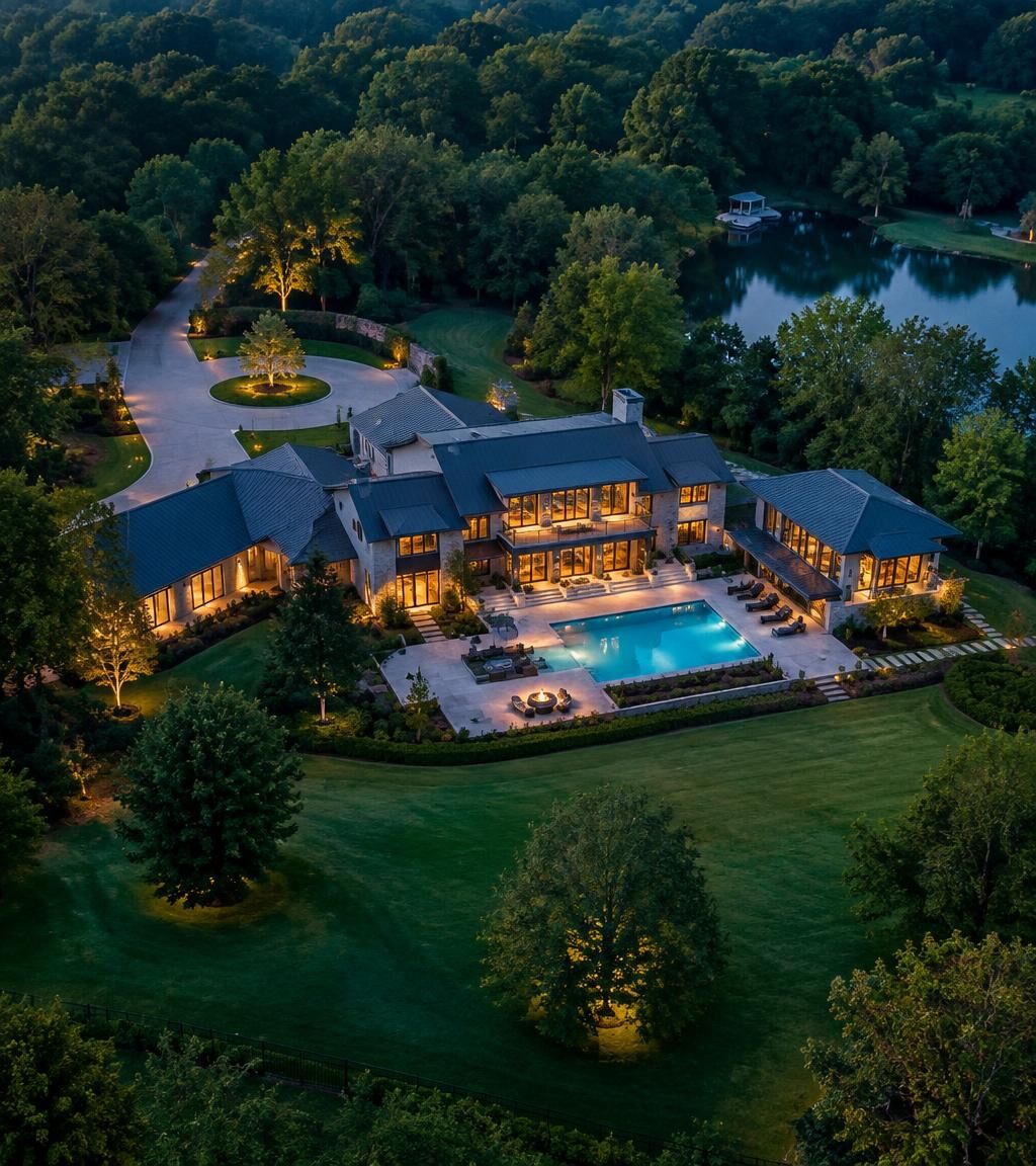 Aerial view of a luxury estate with pool and grounds at twilight