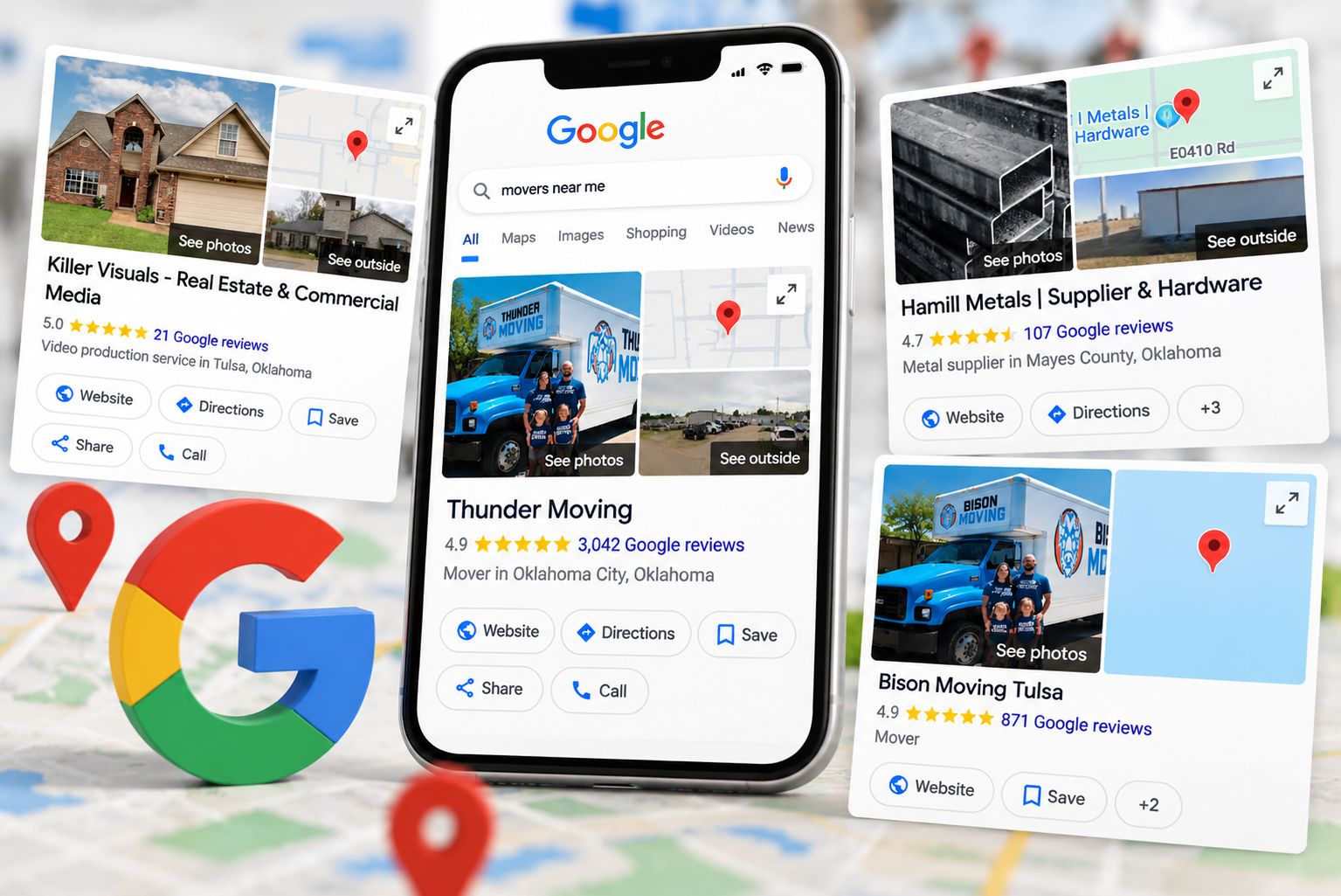 Google search results for movers near me showing Google Business Profile listings for Thunder Moving, Bison Moving Tulsa, Hamill Metals, and Killer Visuals, with photos, reviews, and map pins