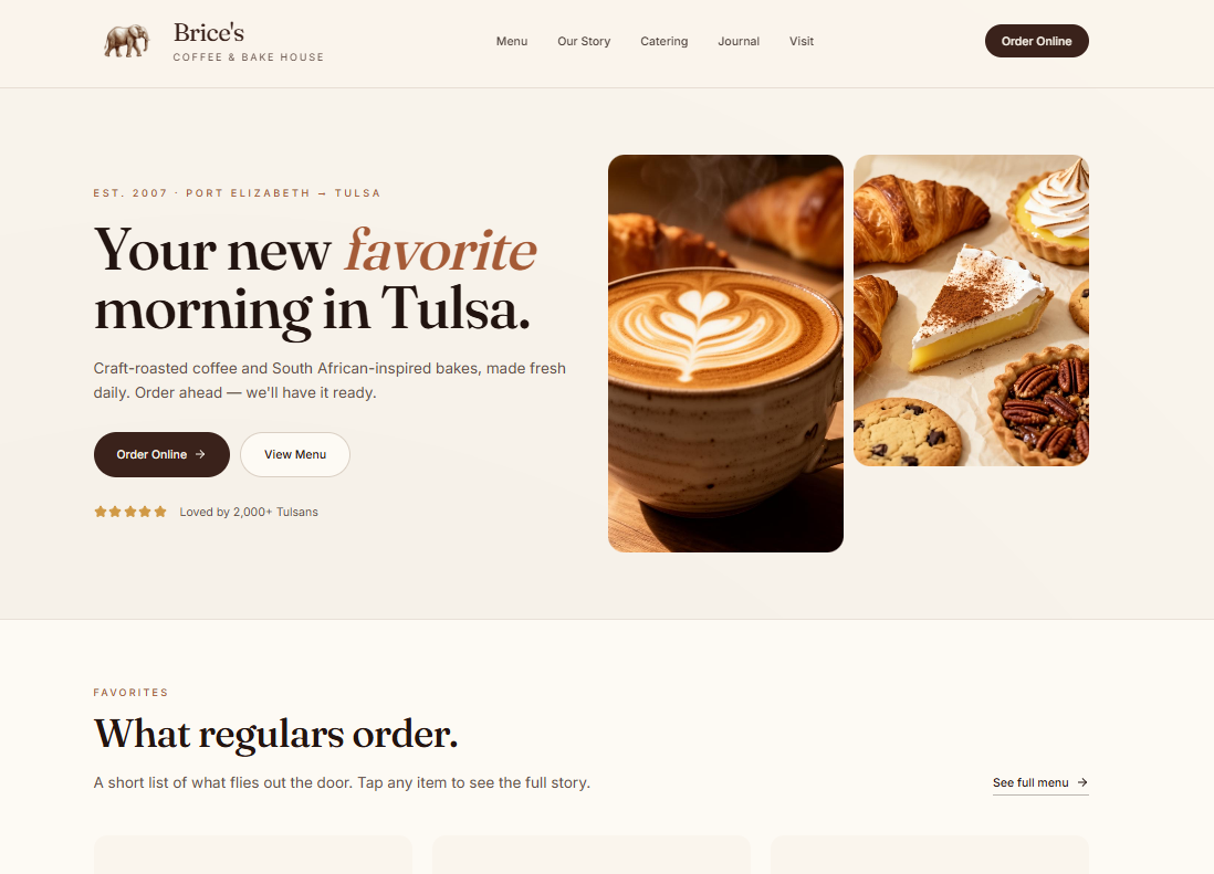 Brice's Coffee and Bake House website homepage with latte and pastry photography, order online buttons and menu favorites section