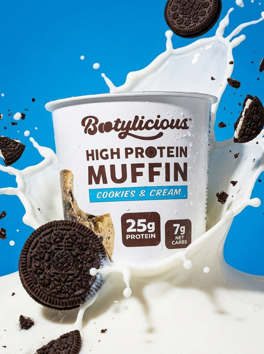 Cookies and cream protein muffin cup in a milk splash on blue