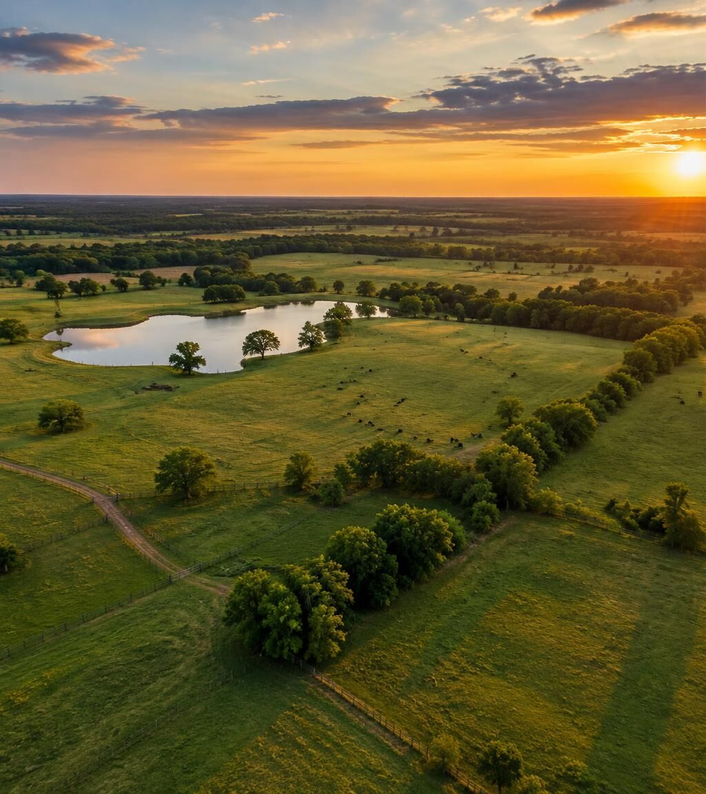 Aerial view of rolling ranch pastures, fences and a pond at sunset