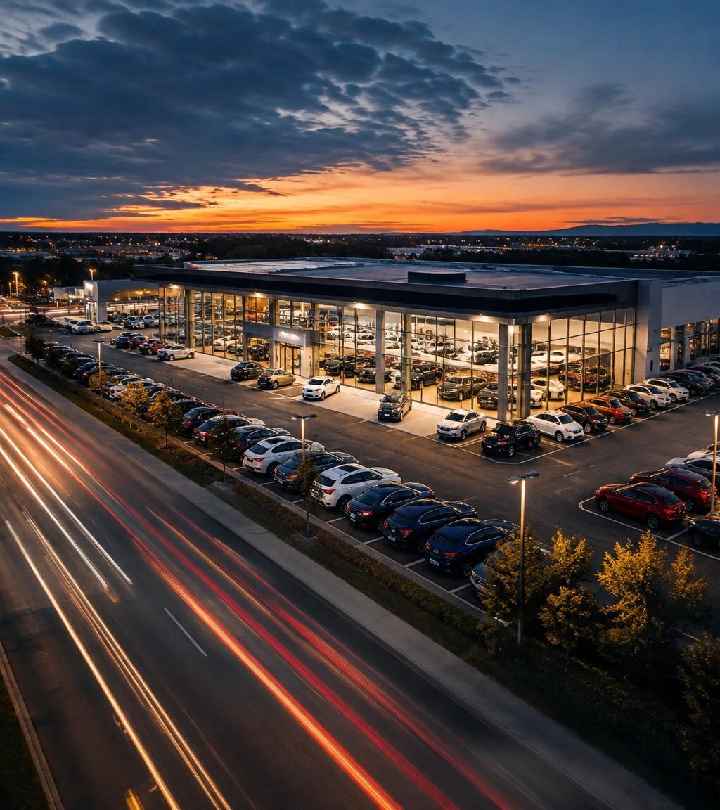 Aerial view of a car dealership at dusk with light trails