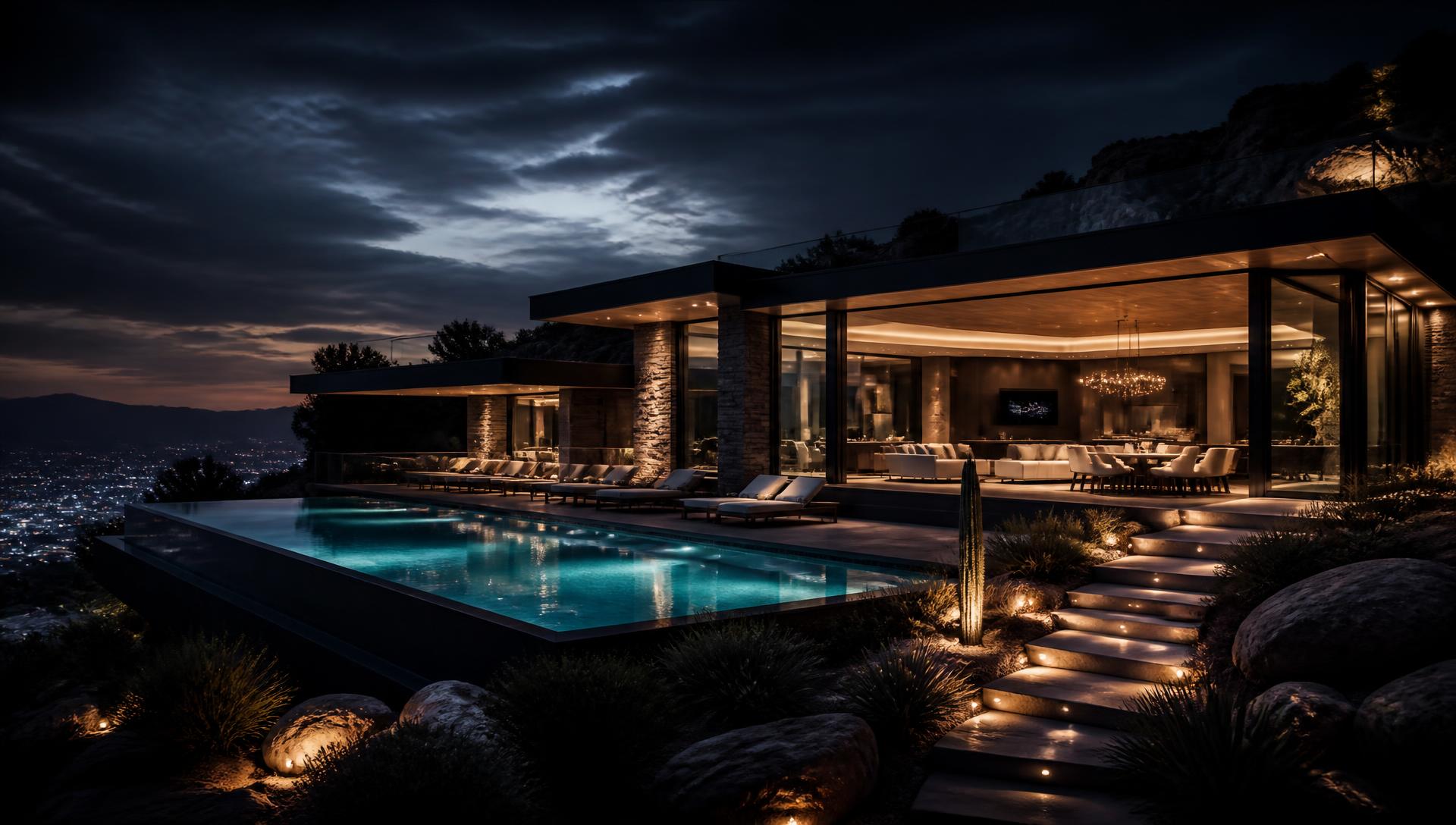 Luxury property exterior at night with pool and warm interior light