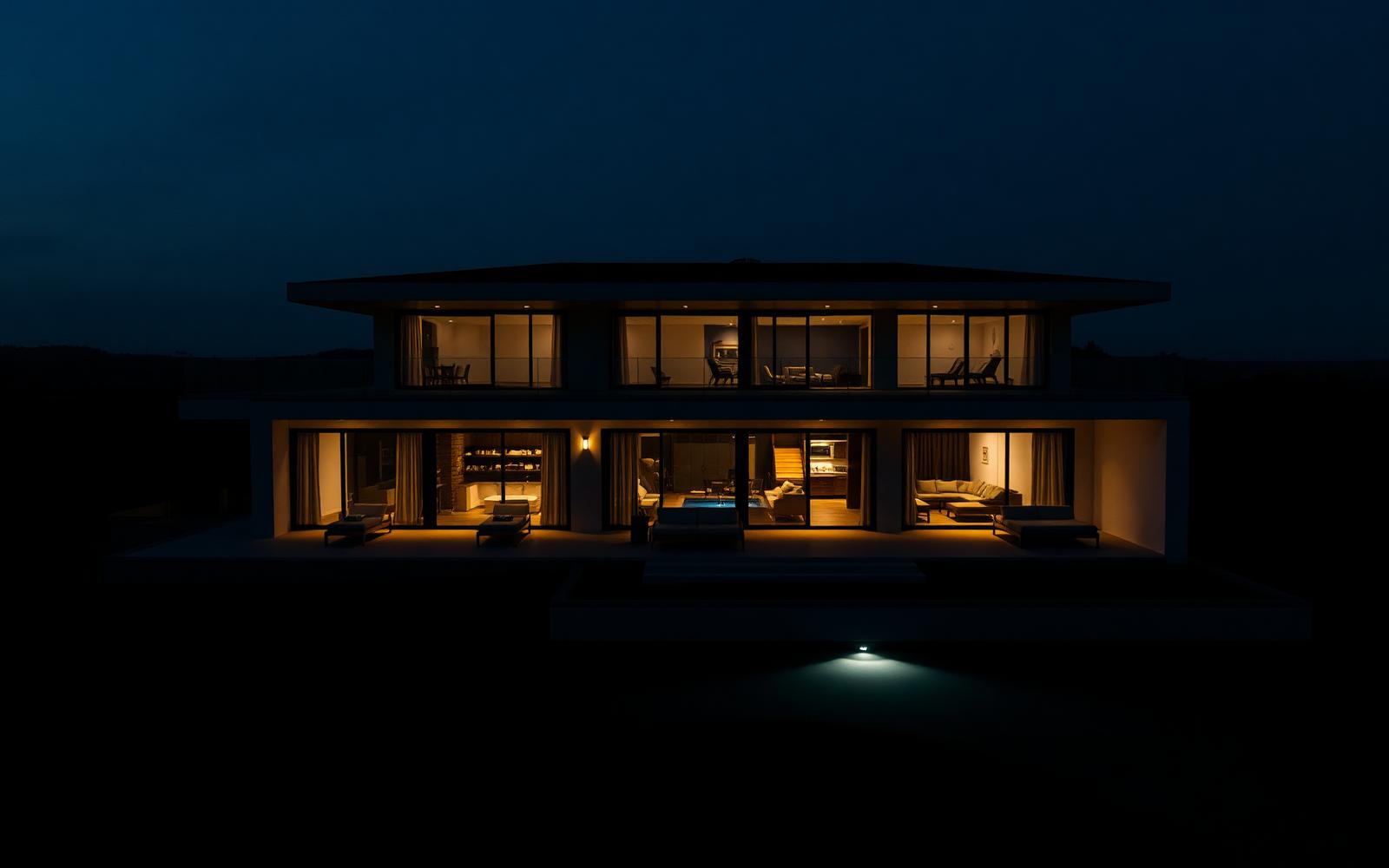 Aerial photograph of a property at twilight